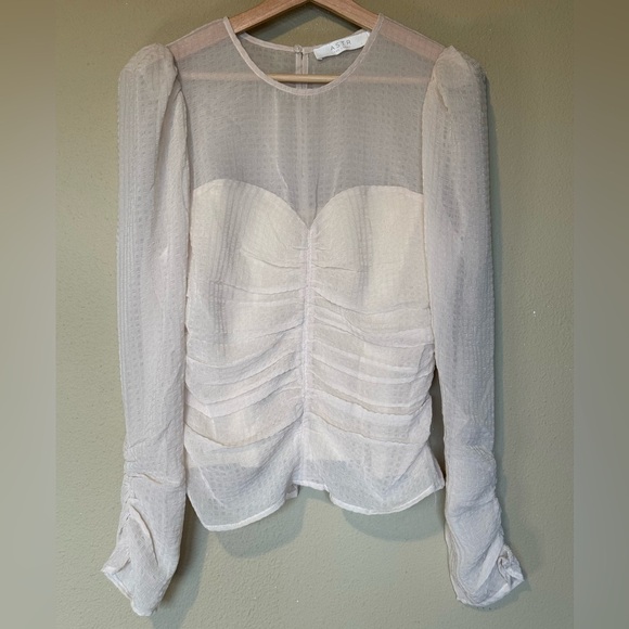 ASTR The Label Ruched Sheer Long Sleeve Ivory Blouse Size Large - Picture 2 of 8
